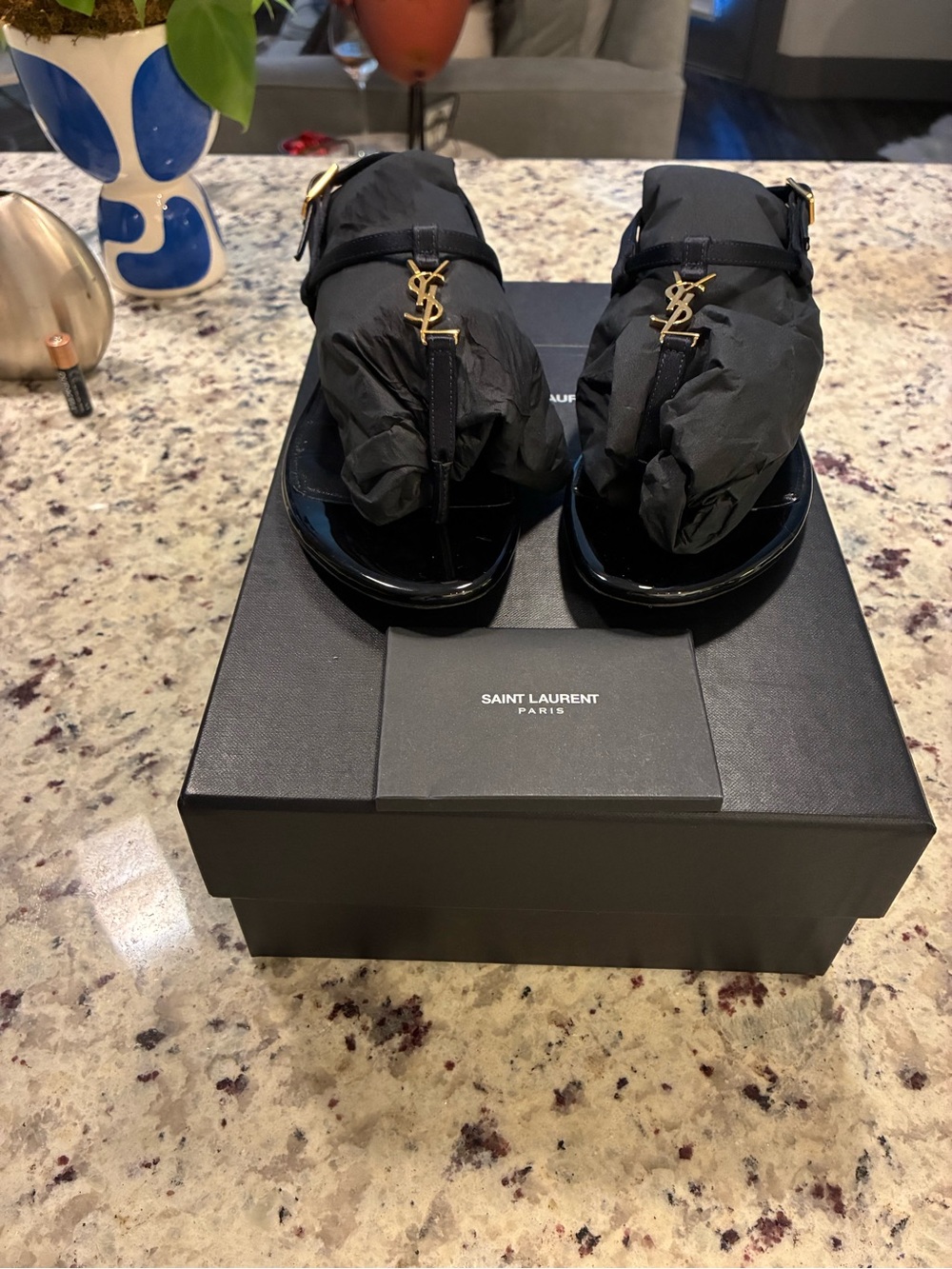 Saint Laurent Patriot Navy Leather Women’s Logo Thong Sandals with Gold Hardware